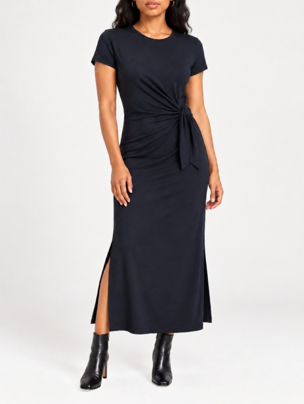 Aritzia Wilfred Fortune Black Maxi Dress Front Tie Jersey Side Slit Minimalist M